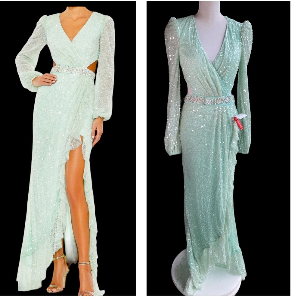 Mac Duggal Mint Green Bishop Sleeve Ruffle Gown. B27